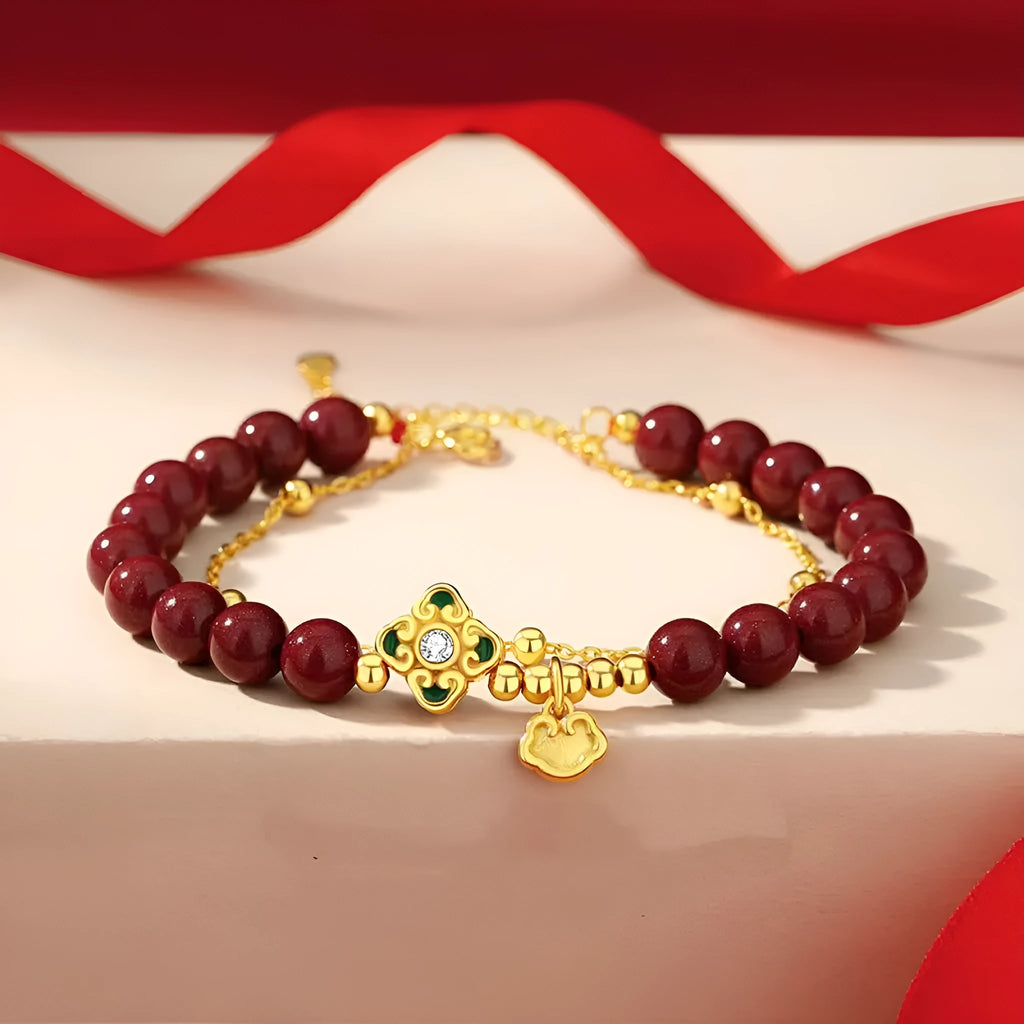Women's sterling silver bracelet with Ruyi Xiangyun cinnabar flower traditional motifs