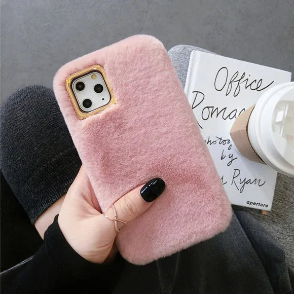 Rabbit plush phone case for iPhone with soft silicone shell and raised camera circle