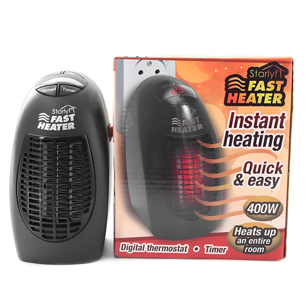 Black mini electric heater with digital display and a rotating plug on a table.