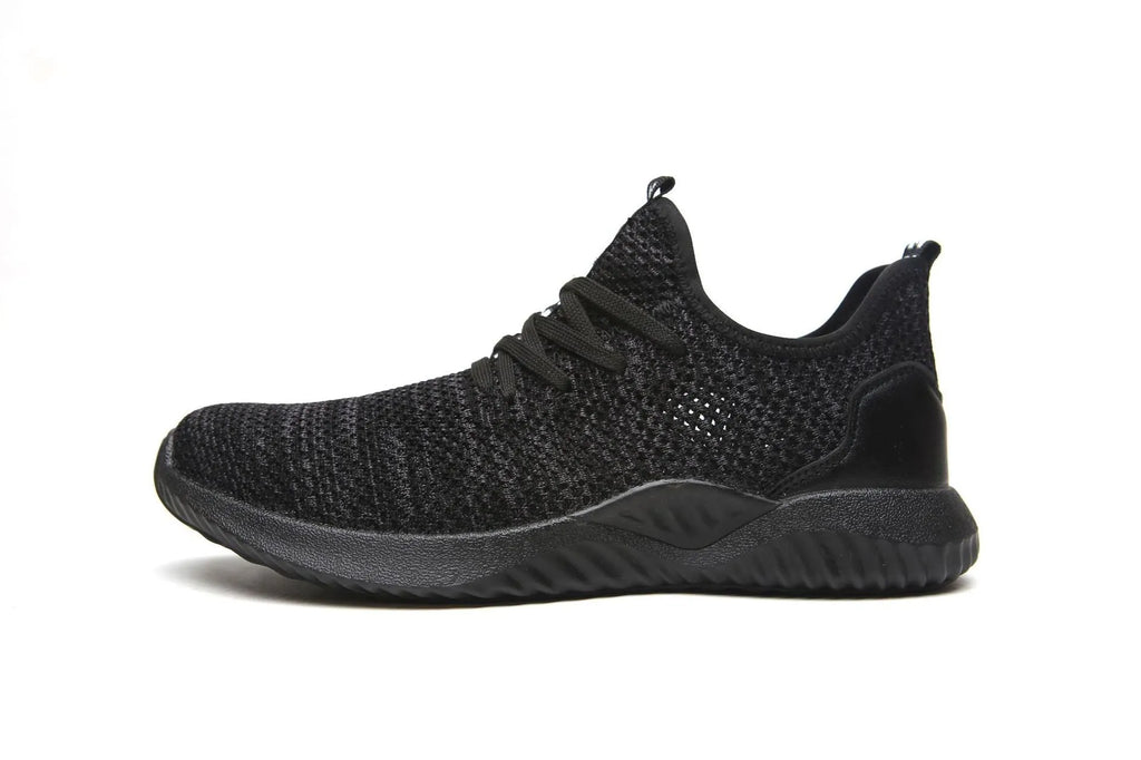 Men's black safety work shoes with steel toe cap and EVA sole on a grey background.