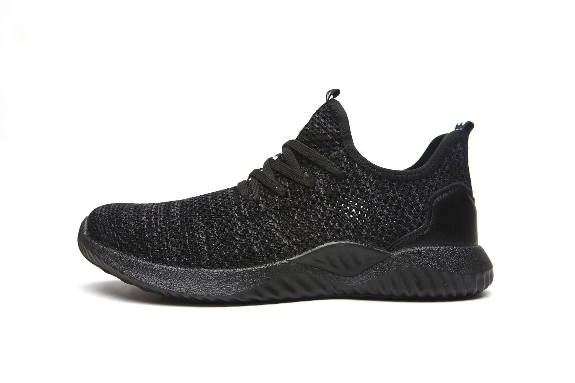 Men's black safety work shoes with steel toe cap and EVA sole on a grey background.