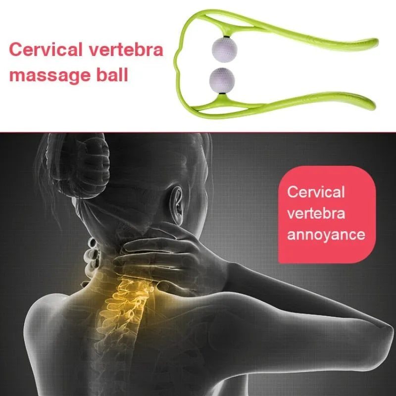 Handheld manual neck massage roller with adjustable stand and removable soft head in blue, green, or pink.