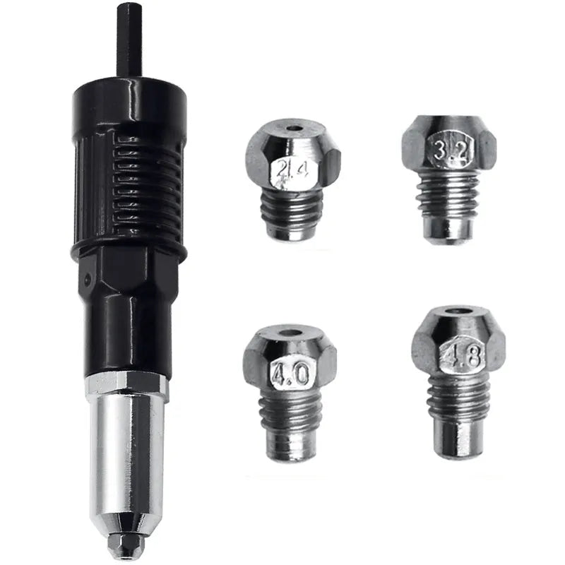 Black metal electric drill rivet gun with wrench and rivet heads on a workbench.