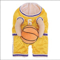 Red or yellow basketball jersey costume for a dog, shown with a matching basketball.