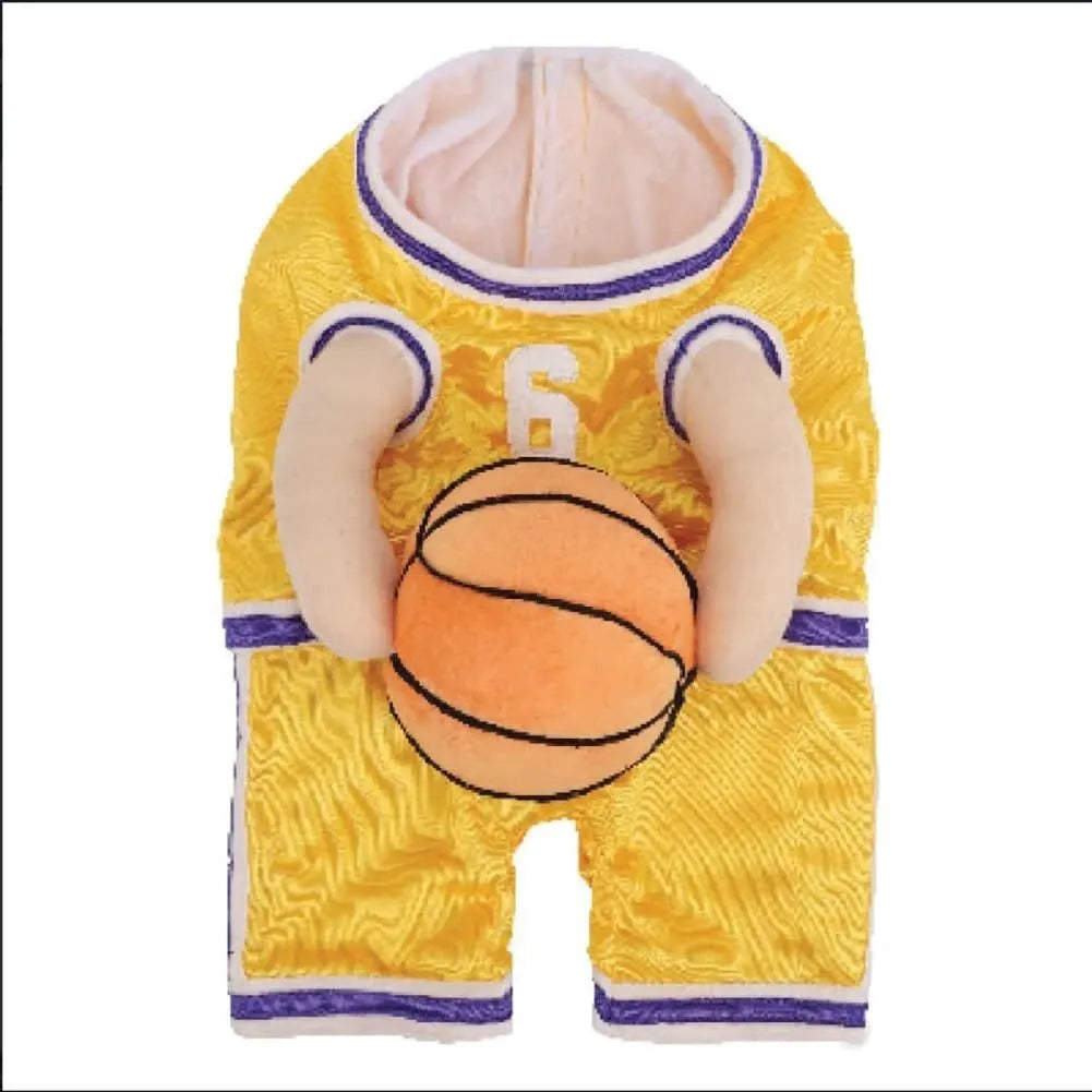 Red or yellow basketball jersey costume for a dog, shown with a matching basketball.
