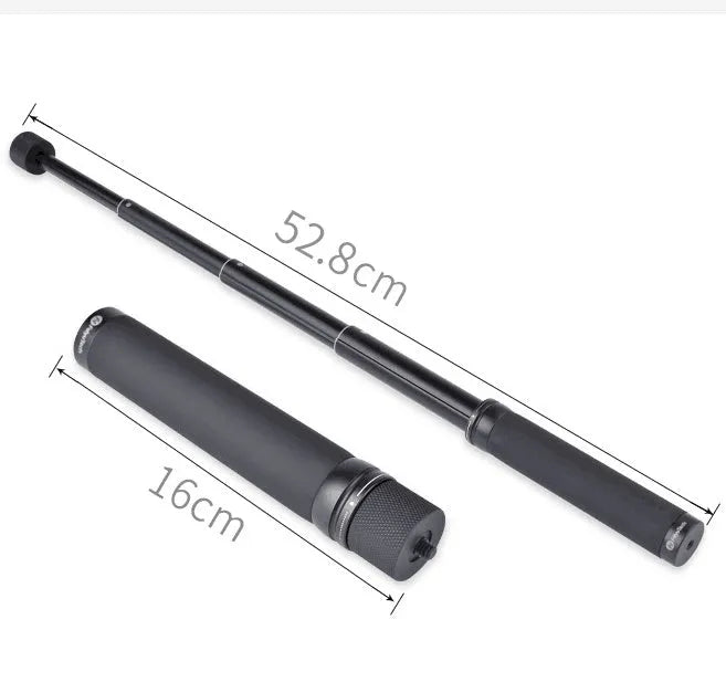 Black retractable selfie stick extended to full length with a smartphone attached, showcasing its hand-held stabiliser grip.