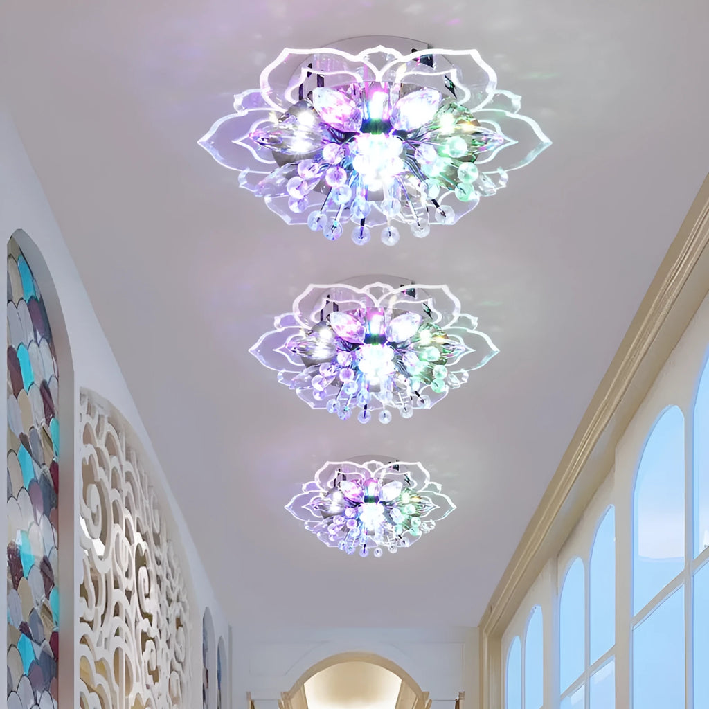 Modern crystal ceiling lamp with flower-shaped shade in crystal, acrylic and stainless steel