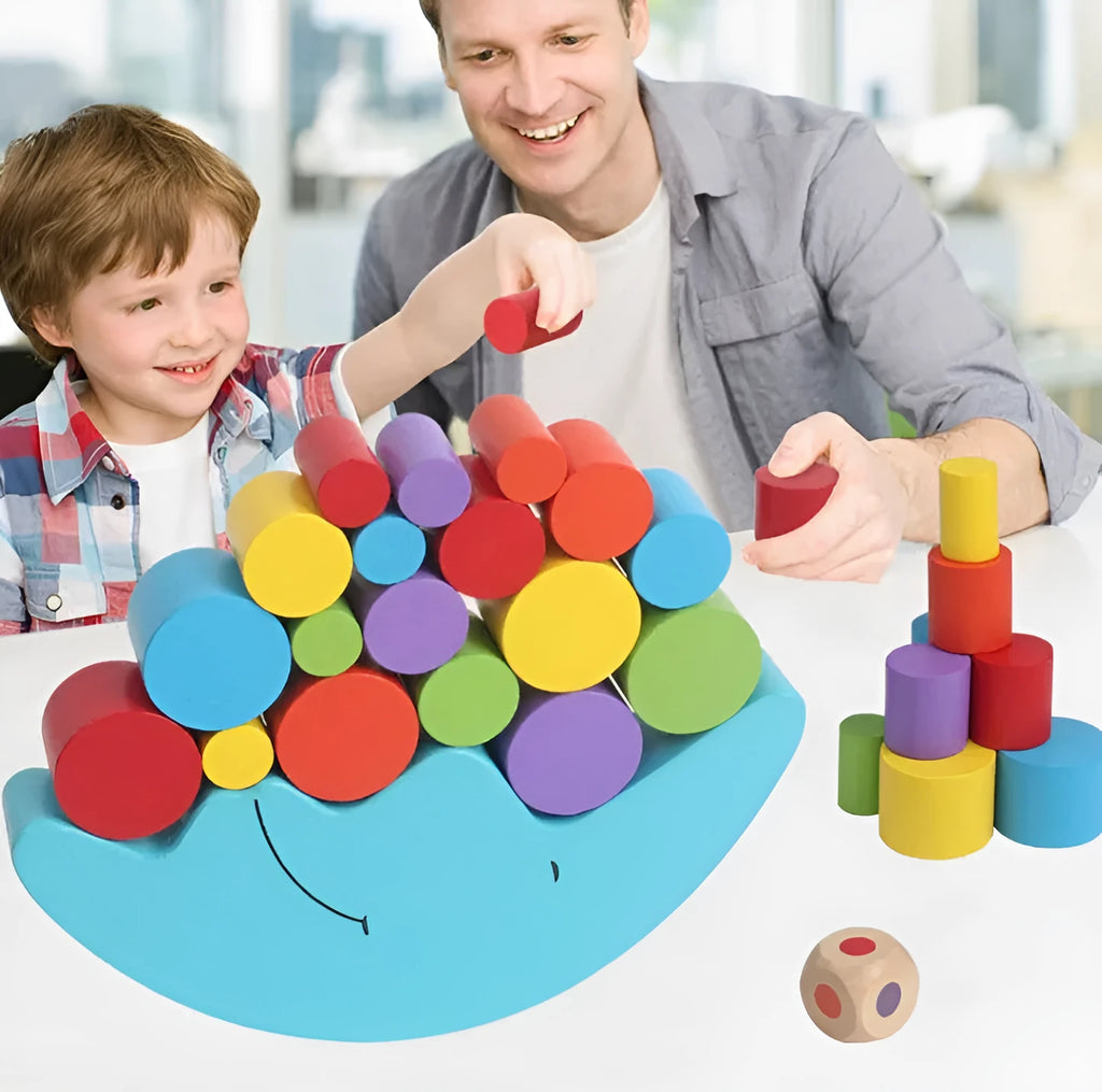 Wooden moon-shaped balance game with blue and yellow pieces for children aged 2-4 years