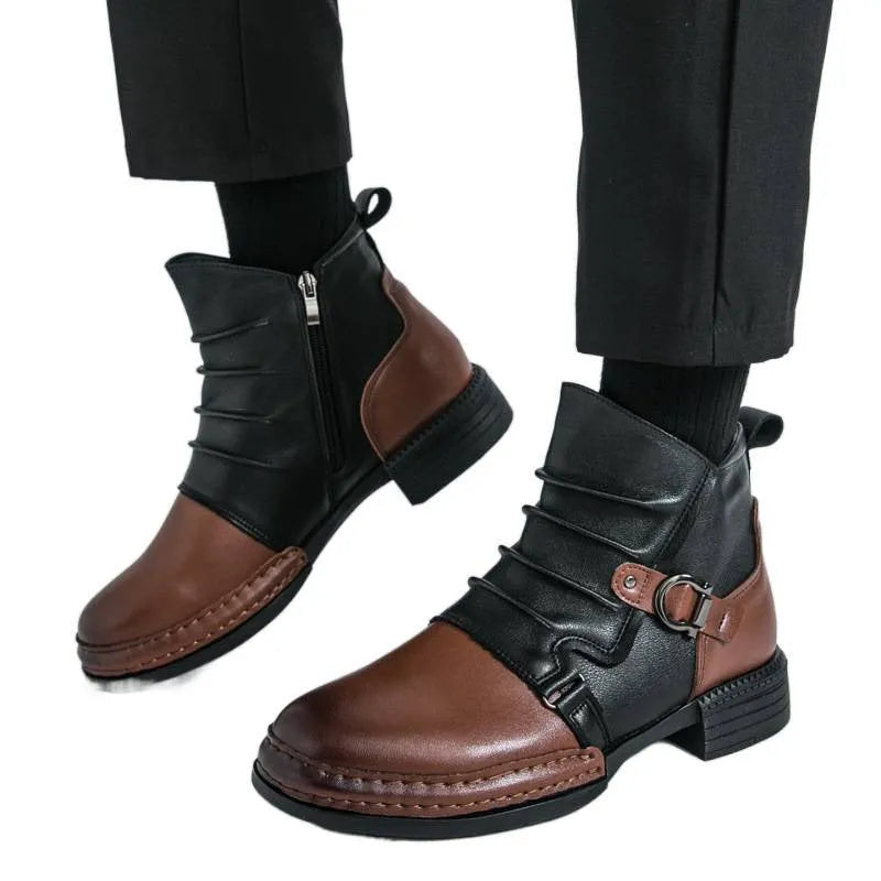 Men's British style martin booties in brown with side zipper, artificial PU upper, and rubber sole