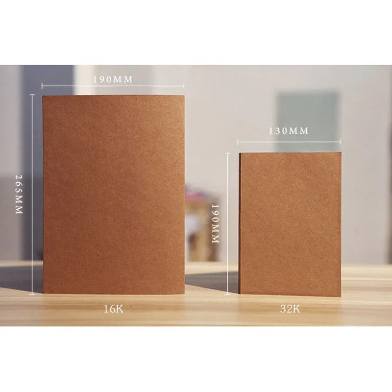Brown kraft paper sketchbook open on a table, showing its wireless binding and 16K page size.
