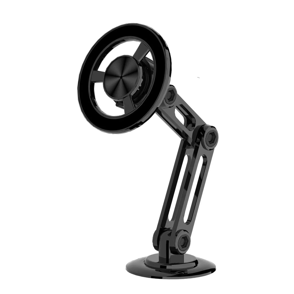 All-metal magnetic car phone holder in black, includes magnetic rings and adhesive pads