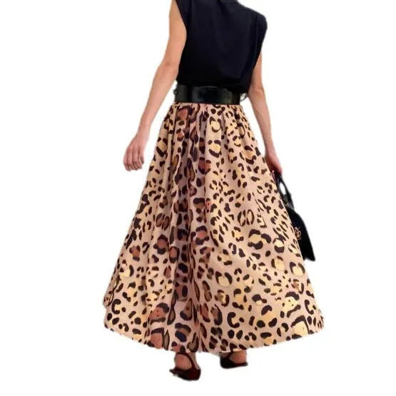 Women's brown leopard print A-line long skirt with big hem design