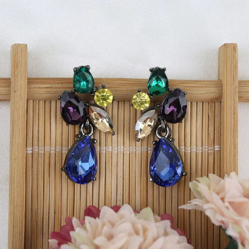 Drop shape glass crystal steel needle earrings in five colours: green, gray, dark blue, yellow, colorful blue