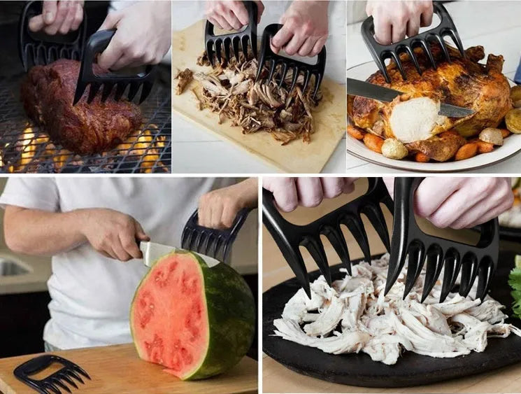 Two black bear claw-shaped meat shredding forks with patterned handles on a kitchen surface.