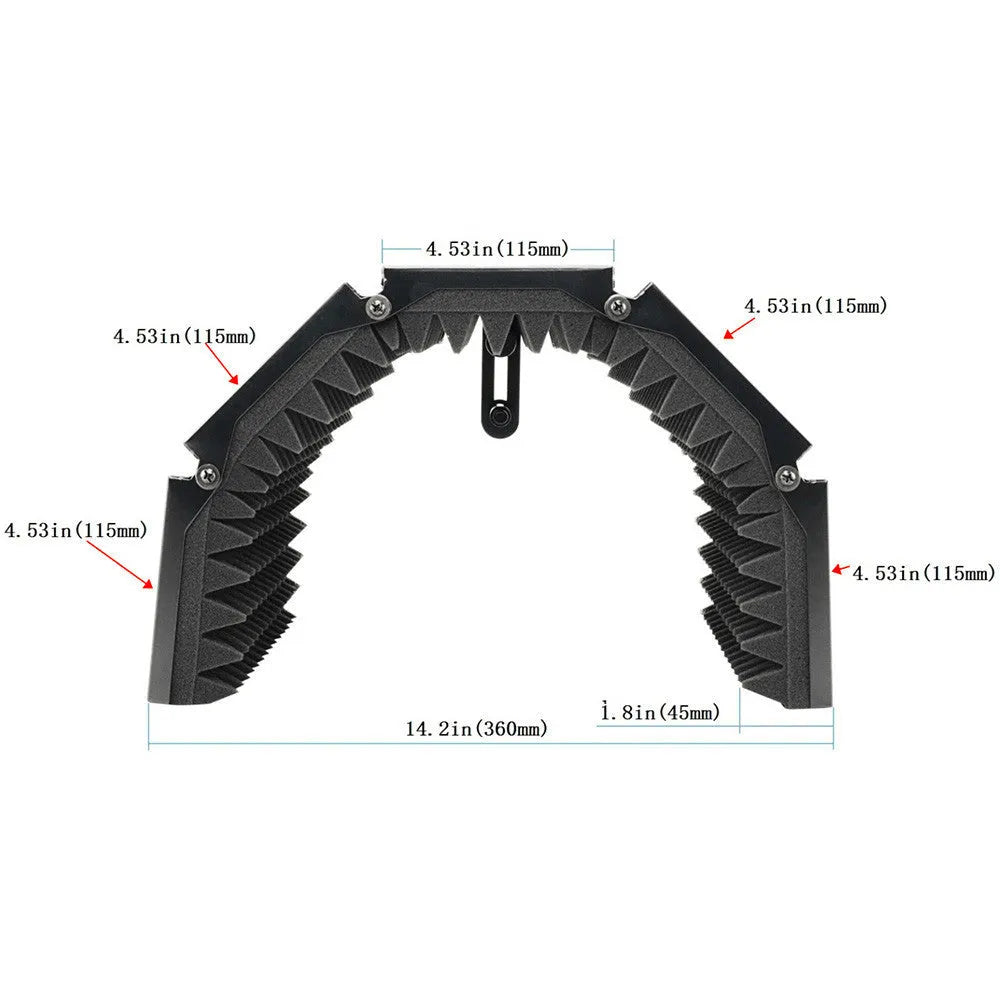 Black 5-door microphone enclosure with sound absorbing foam panels measuring 36 x 28 cm on a microphone stand