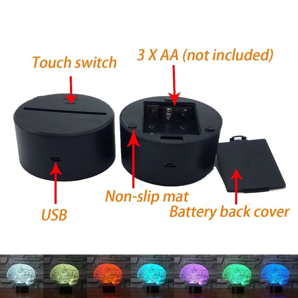 3D acrylic brain-shaped LED desk lamp with colourful lighting on a black ABS base.