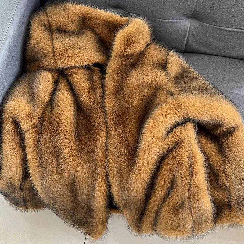 Women's silver grey artificial fur coat with mid-length 65cm design and regular sleeves