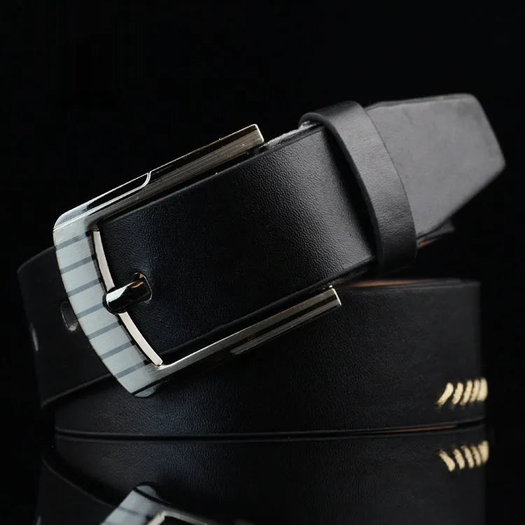 Men's black imitation leather casual belt with threading pattern and an alloy pin buckle.