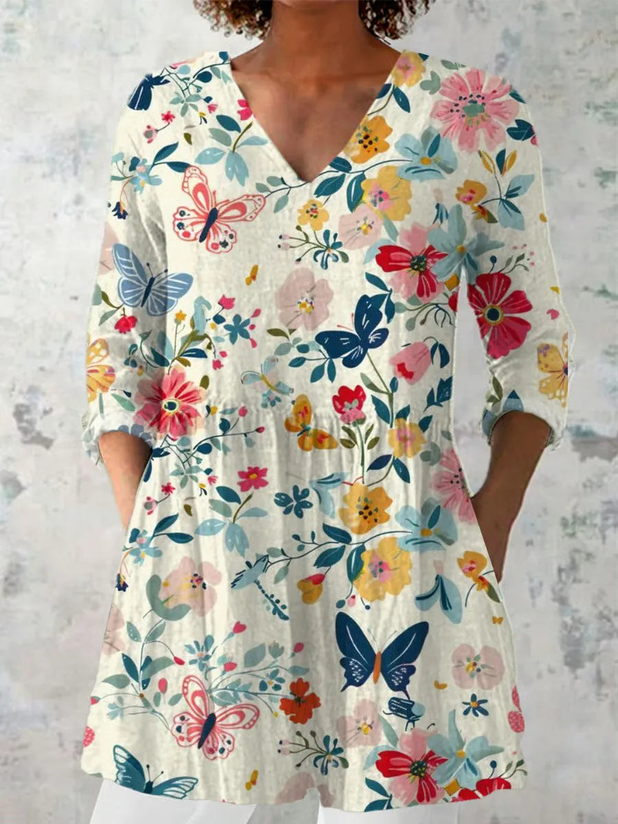 Women's retro slim fit printed long-sleeved top in a digital print design.