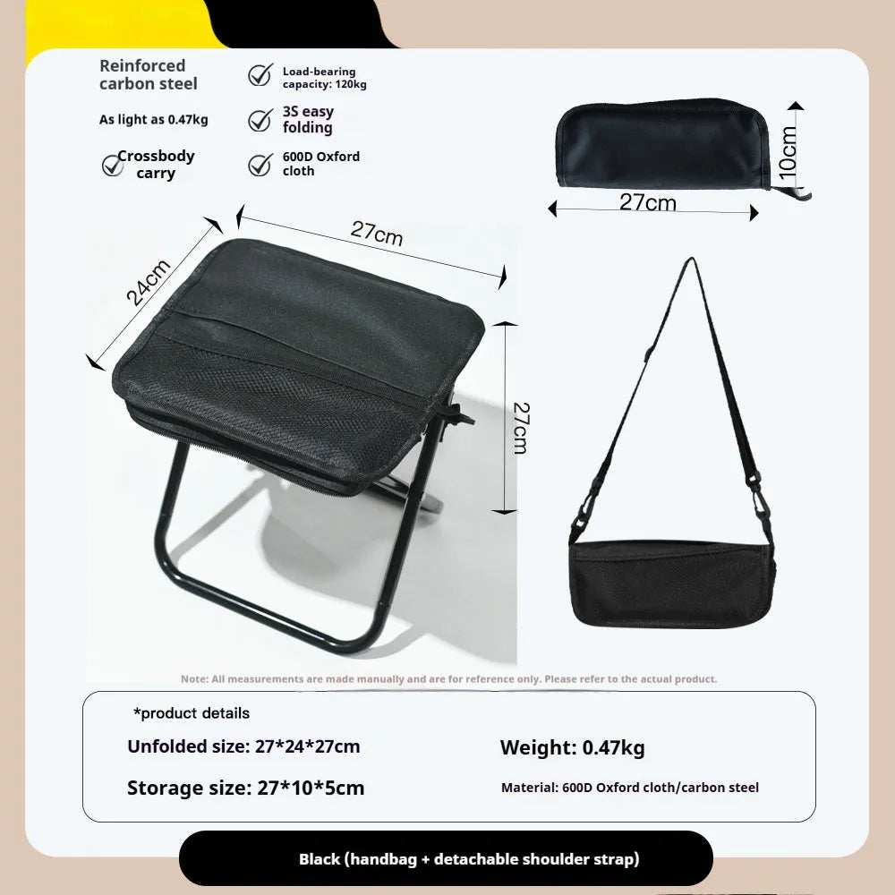 A foldable outdoor camping stool in Oxford cloth, shown in a khaki colour, folded compactly.