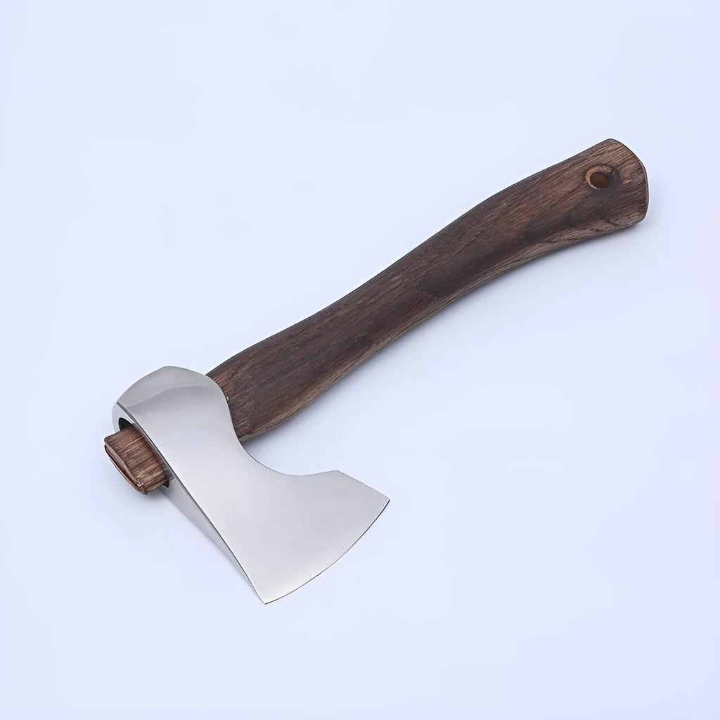 Camping axe with high carbon steel head and wooden handle showing 250mm length