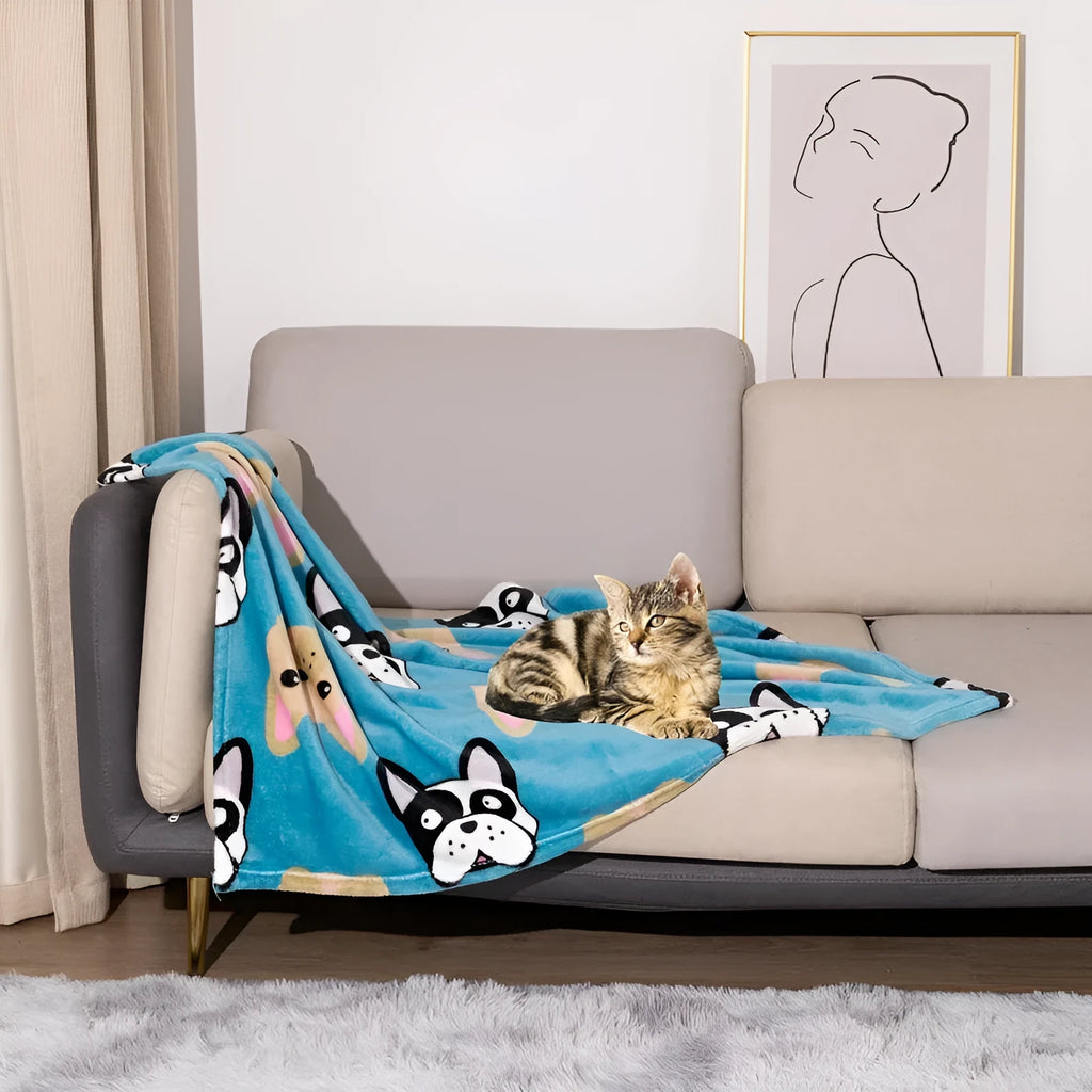 Blue cartoon dog pattern double-sided flannel pet blanket shown at 100x120cm size.