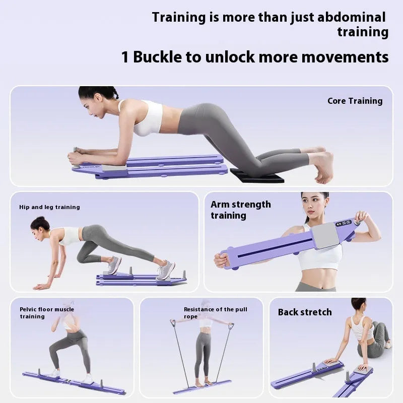 Pink and purple multifunctional split skiing machine trainer, 85 cm long, for home fitness workouts.