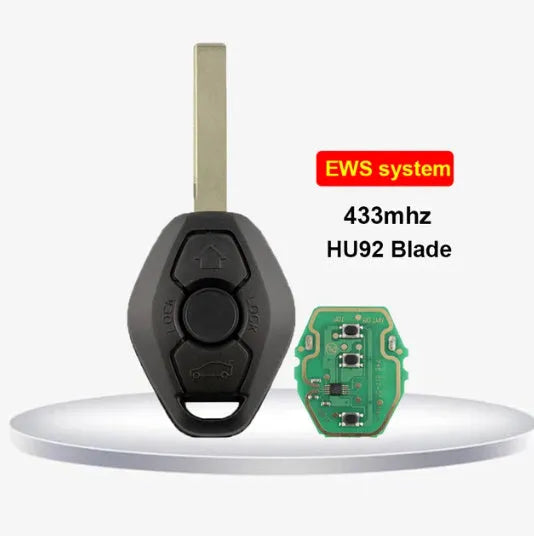 BMW EWS 3 button remote car key replacement blank with ID44 chip and HU58 blade.