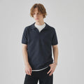 Men's solid colour knitted polo t-shirt on a hanger, showing short sleeves and a casual collar.