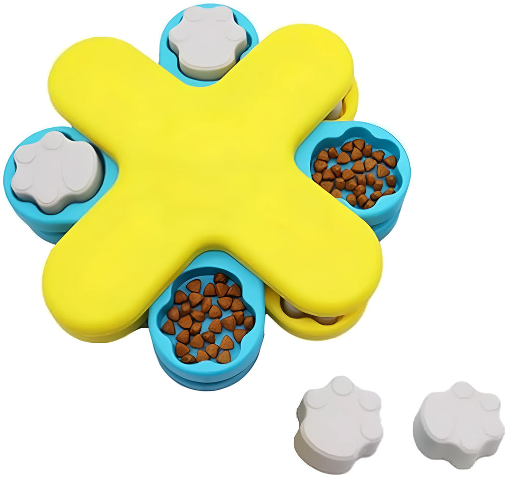 Yellow three-layer rotating dog puzzle slow feeder with claw-shaped lids on a non-slip base.