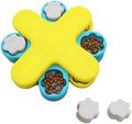 Yellow three-layer rotating dog puzzle slow feeder with claw-shaped lids on a non-slip base.
