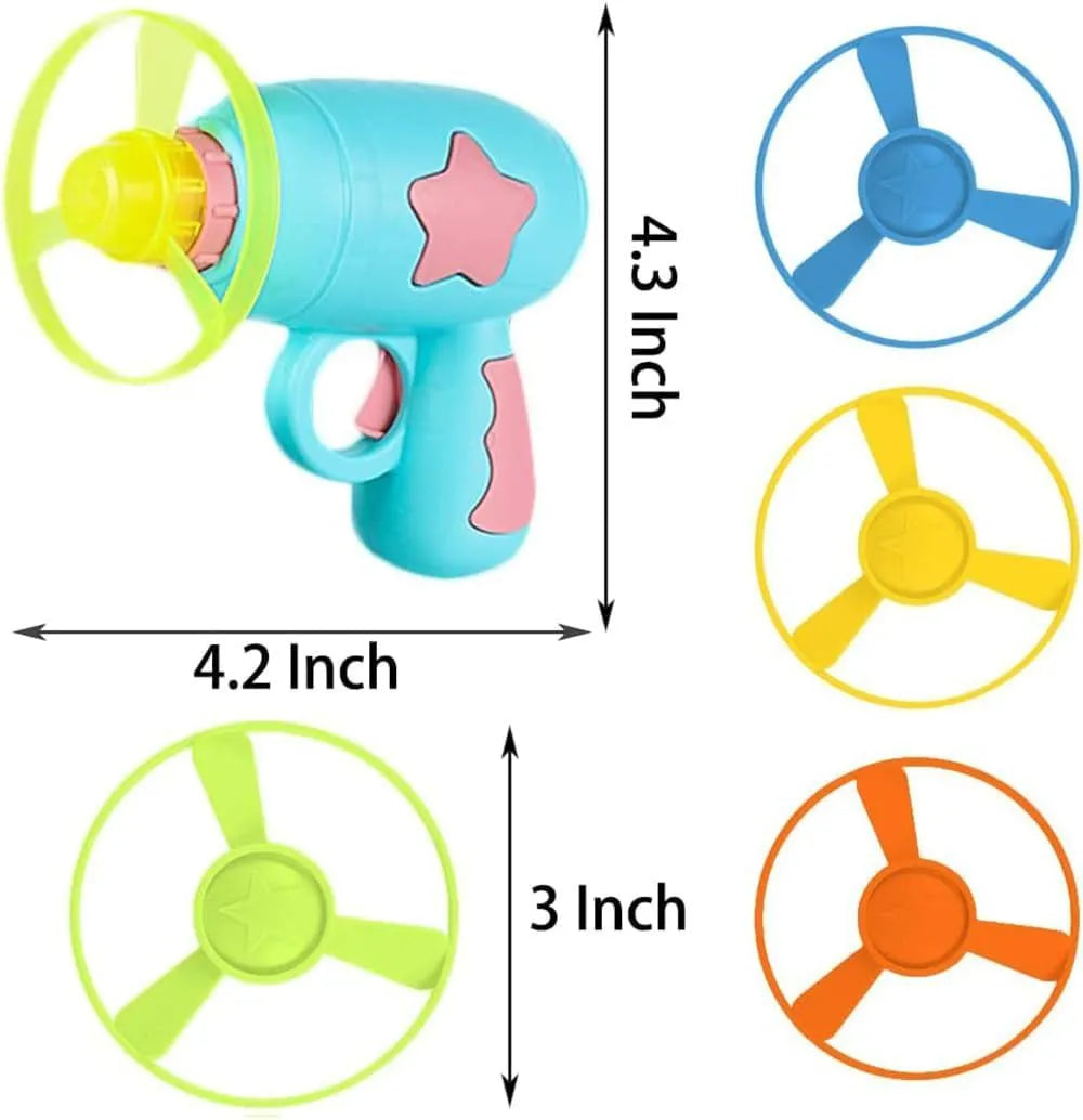Interactive blue plastic cat toy gun with a spinning frisbee ready for launch.