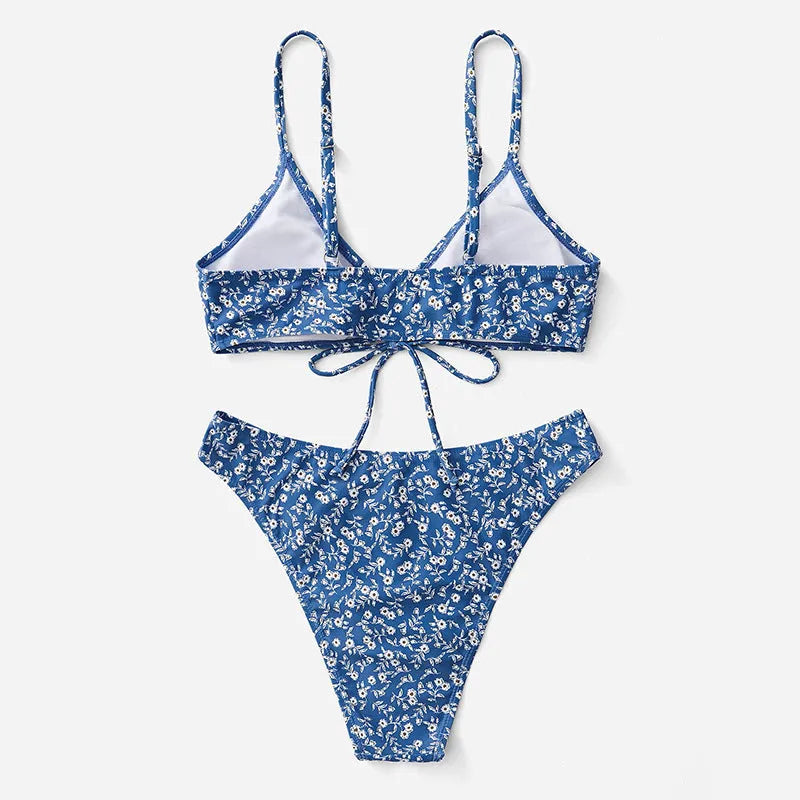 Blue ladies' swimsuit three-piece set without underwire, showing top and shorts.