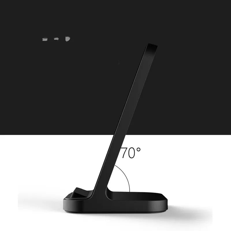 Dark grey vertical wireless charging base for Apple iPhones on desktop