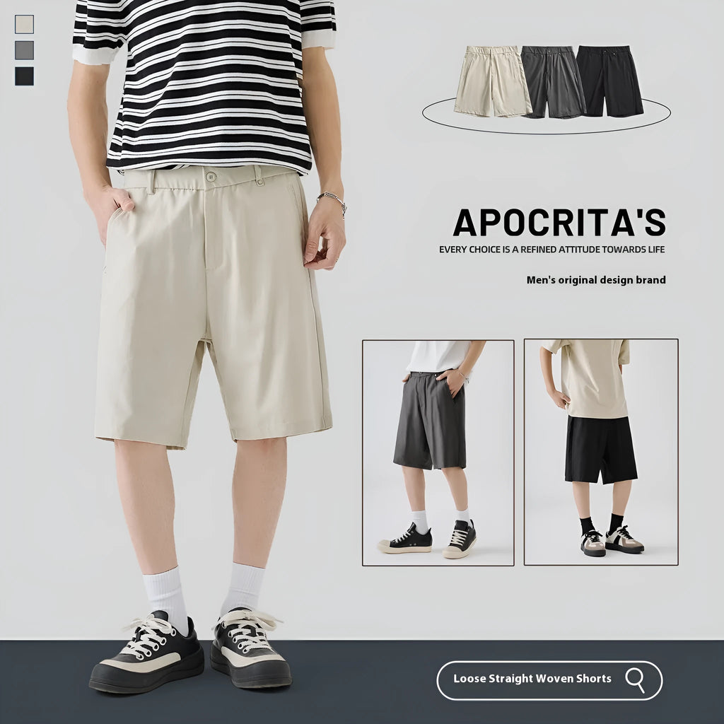 Men's lyocell casual shorts in loose summer style showing apricot, dark grey and black colour options