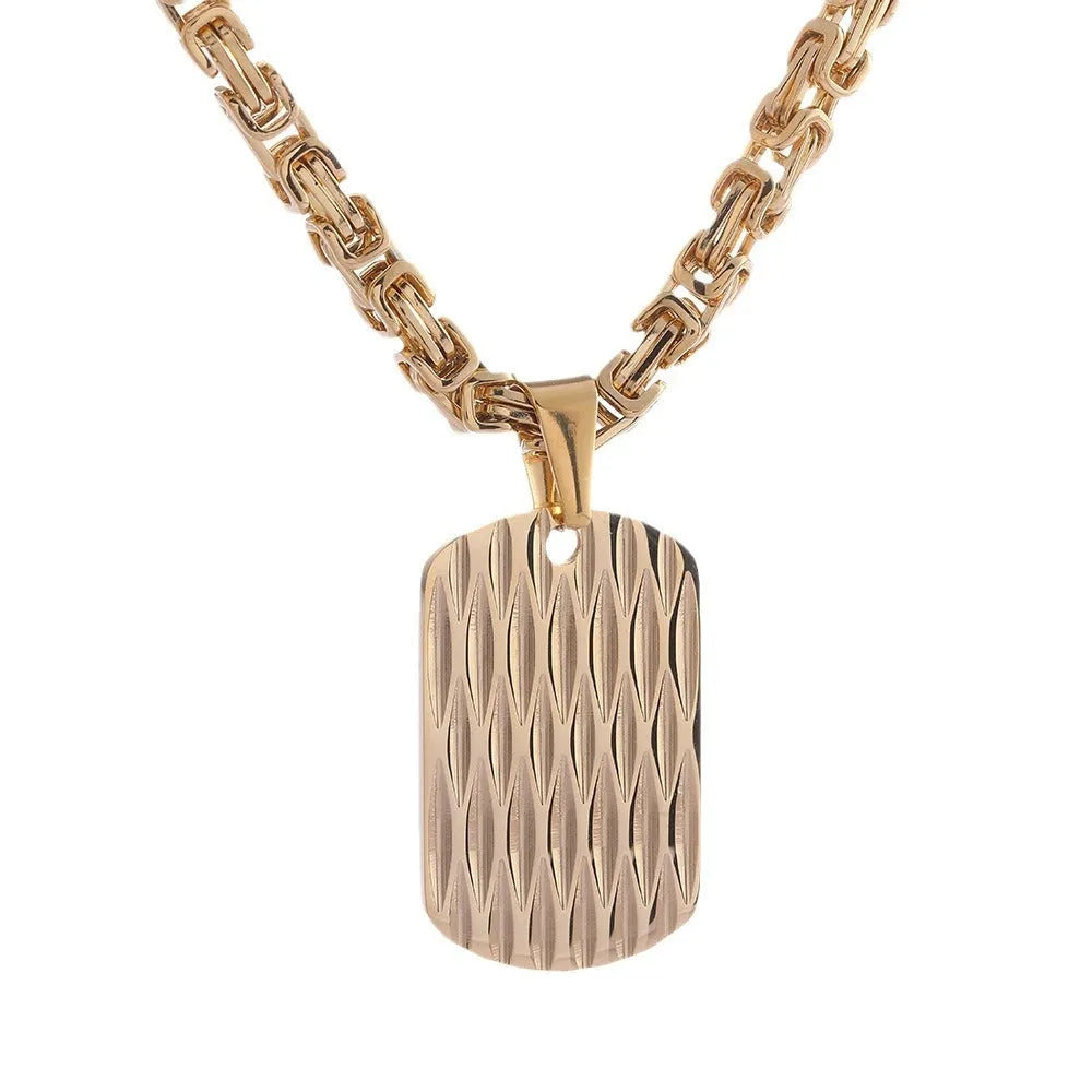 Men's titanium steel necklace with geometric water ripple pendant on Emperor Chain in gold finish