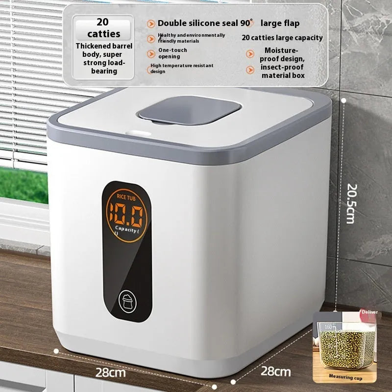 Grey plastic rice storage jar with airtight lid in three size options for kitchen pantry organisation