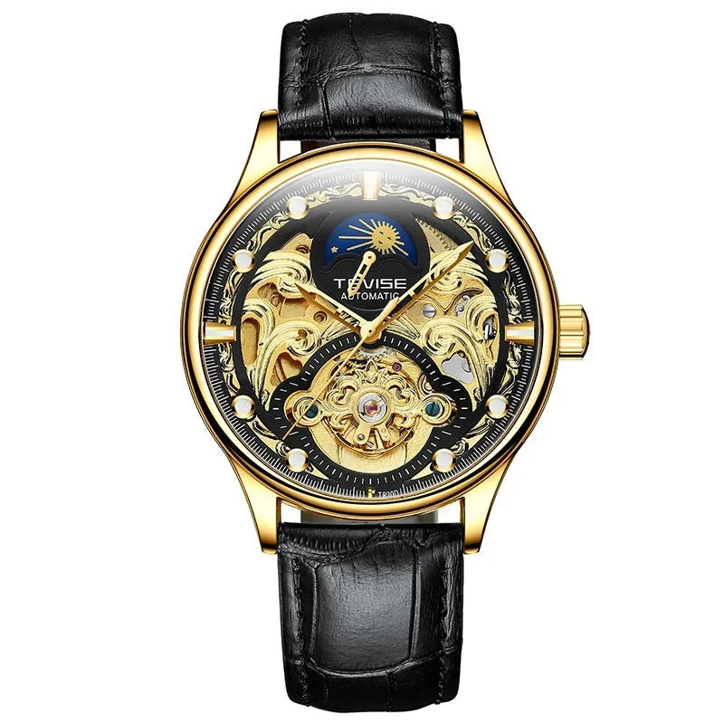 Gold leather strap men's automatic mechanical watch on wrist showing business style.