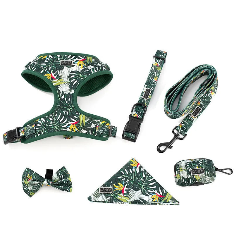 Adjustable cloth dog harness set with six pieces including waste bag and accessories in three size options