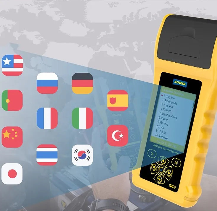 Autool BT760 colour screen vehicle battery tester with test clips and printed diagnostic receipt.