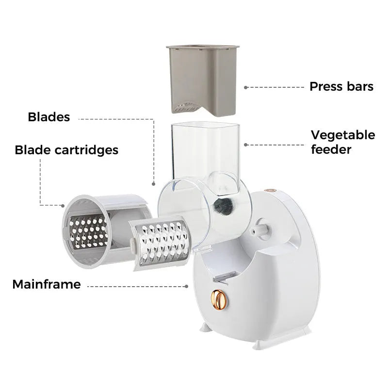 White plastic manual rotary vegetable slicer on a kitchen worktop with suction base, feeding port, and three blade pairs.