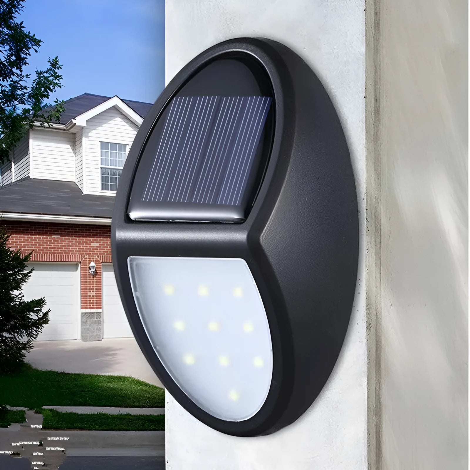 Black LED solar wall light with solar panel showing 75mm x 120mm dimensions