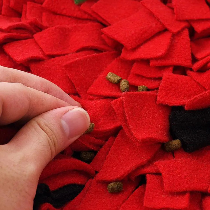 Red and green strawberry-shaped interactive slow feeder mat for pets on a floor.