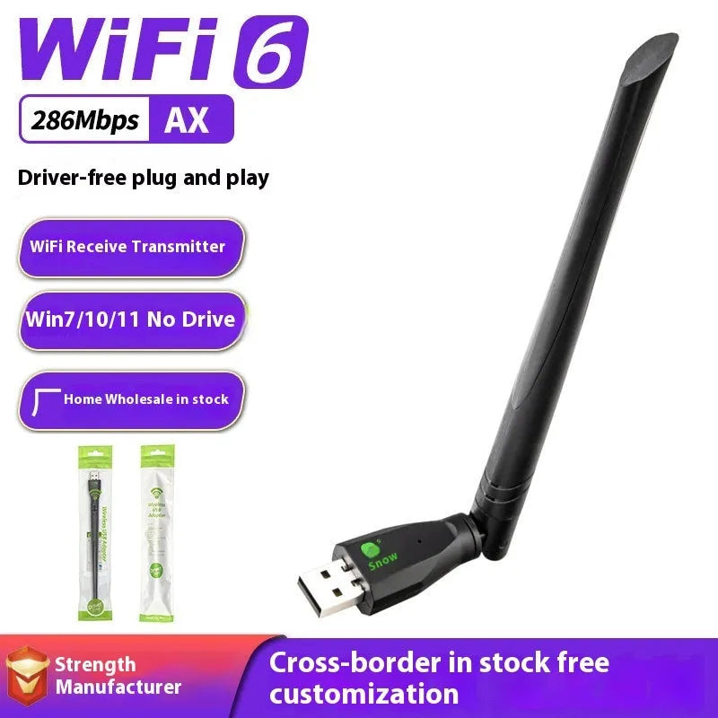 Black USB WiFi 6 wireless network adapter for driver-free PC and laptop connectivity.