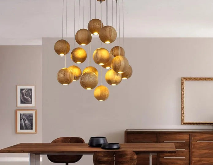 Nordic wood ball chandelier pendant light with adjustable cord and wooden mounting disc