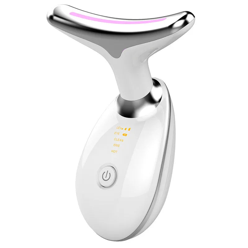 Black silver EMS thermal neck massager with LED lights on a white background.