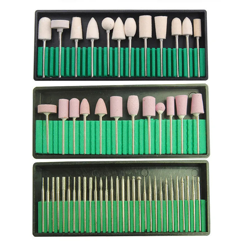 30-piece nail polishing head set with diamond, flint, and wool bits on a white background
