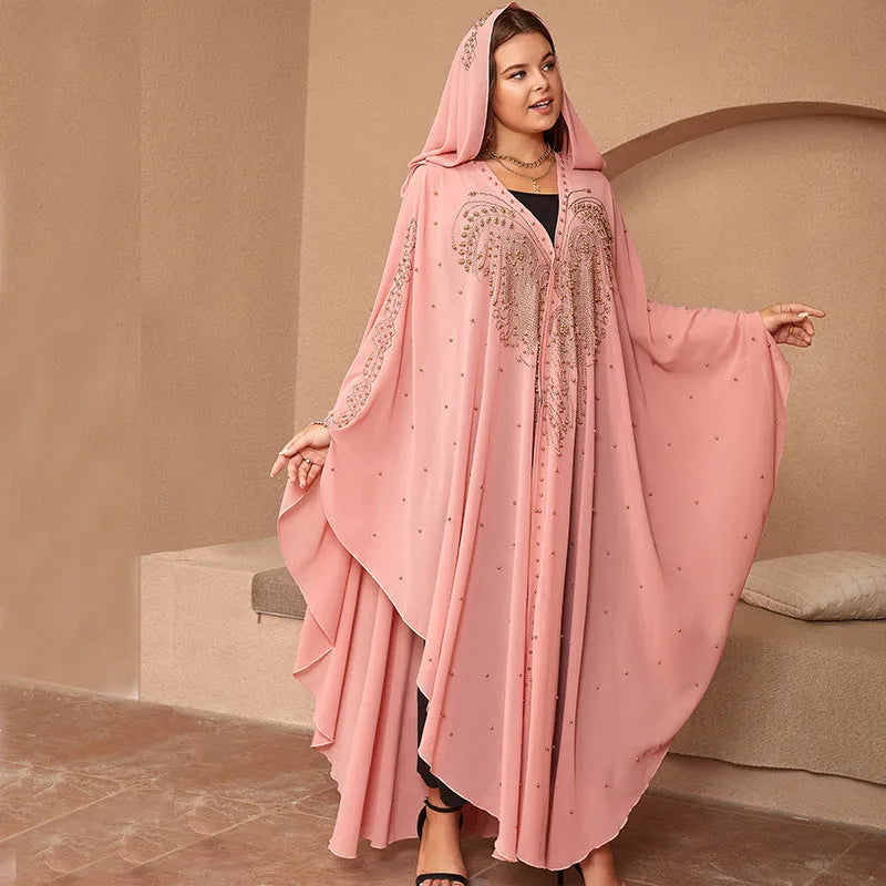 Muslim style chiffon cape shawl with rhinestone beaded trim in purple colour