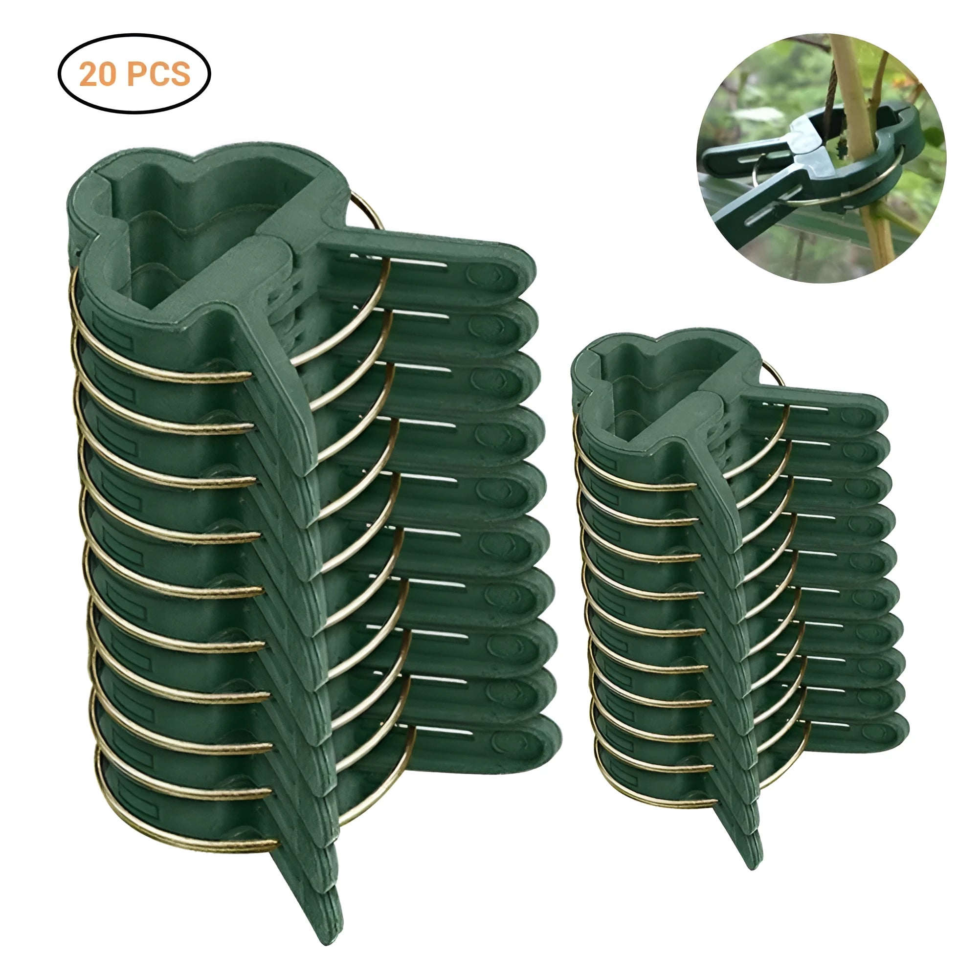 Green plastic and zinc plant support clips for climbing vegetables, showing large and small sizes.