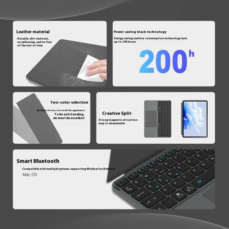 Grey wireless Bluetooth folding keyboard for mobile phones and tablets on a table.